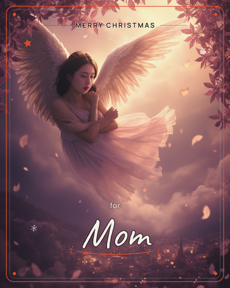 A woman with large feathered wings drifts in a dusky sky above a lit-up town, her flowing dress and dark hair caught mid-air as petals swirl around her, a christmas e-card design