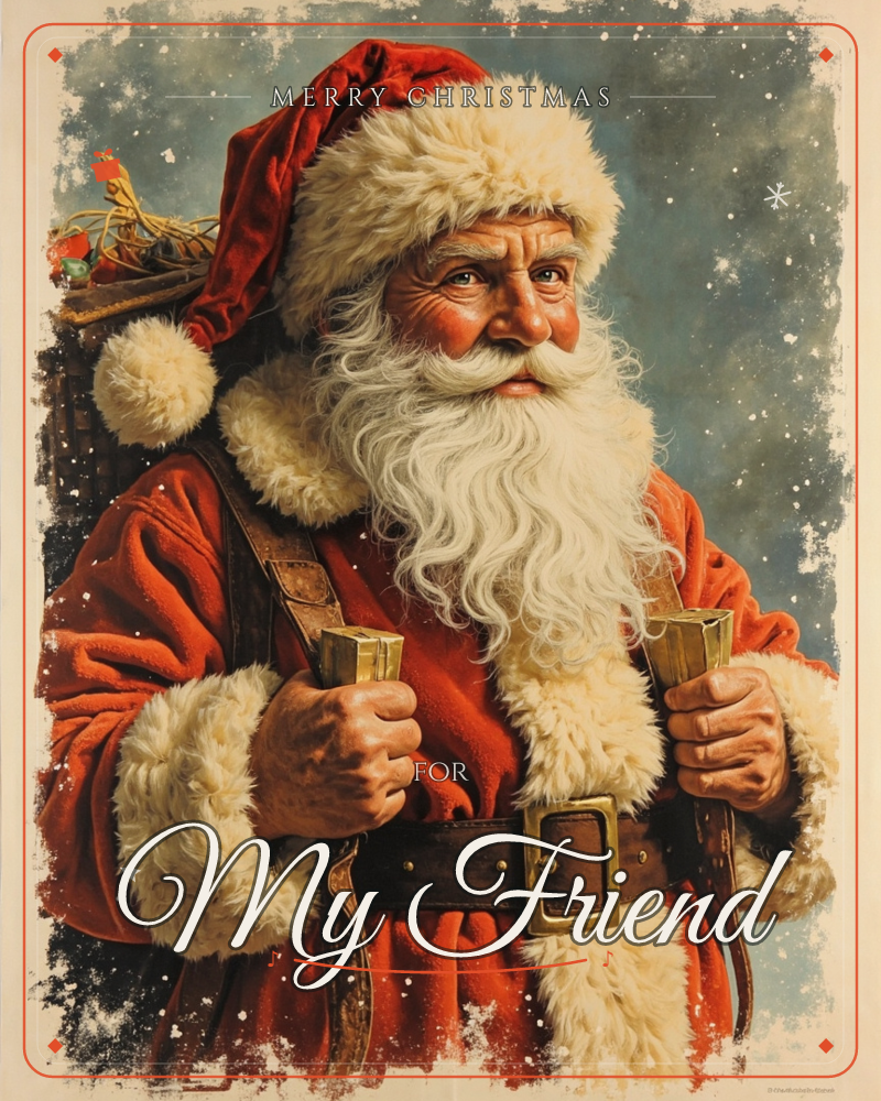 A close-up portrait of Santa Claus in his classic red coat and fur-trimmed hat, carrying a heavy sack strapped over his shoulders, a christmas e-card design