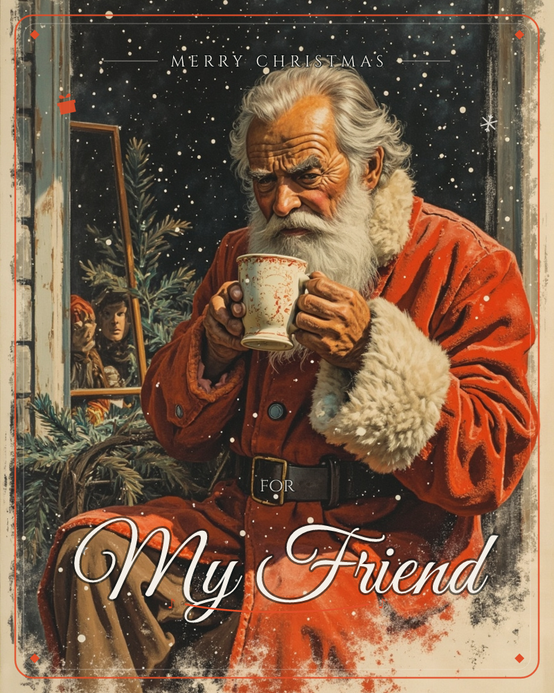 An illustration shows a weathered old man in a red fur-trimmed coat sitting by an open window at night, sipping from a speckled mug with a thoughtful…, a christmas e-card design
