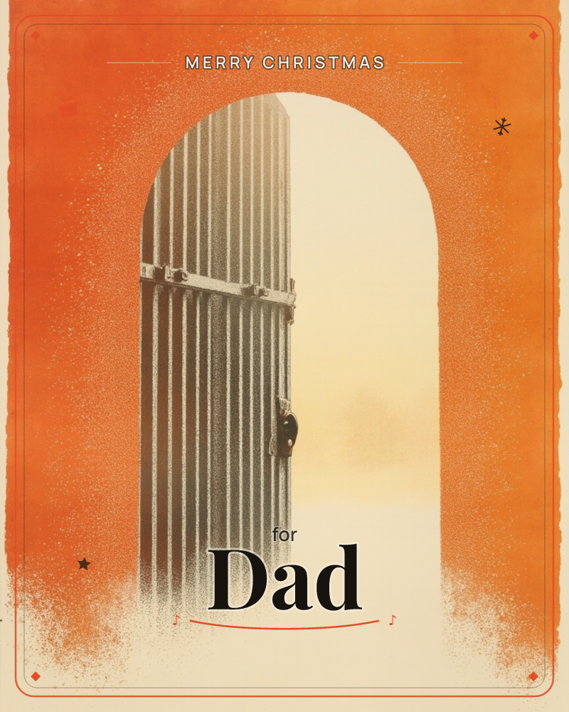 An arched gate of iron bars stands open against a burnt-orange border, its lock hanging loose while a soft, glowing haze pours through the gap beyond, a christmas e-card design