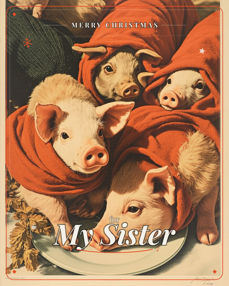 Four piglets are bundled snugly in a shared rust-orange blanket, their pink snouts and dark eyes poking out as they crowd onto a pale plate set beside…, a christmas e-card design