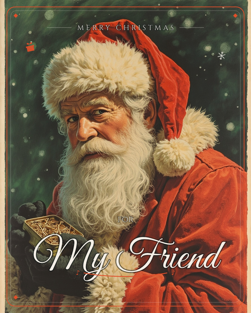 A close portrait of a white-bearded man in a red Santa suit and fur-trimmed cap, set against a deep green backdrop dotted with falling snow, a christmas e-card design