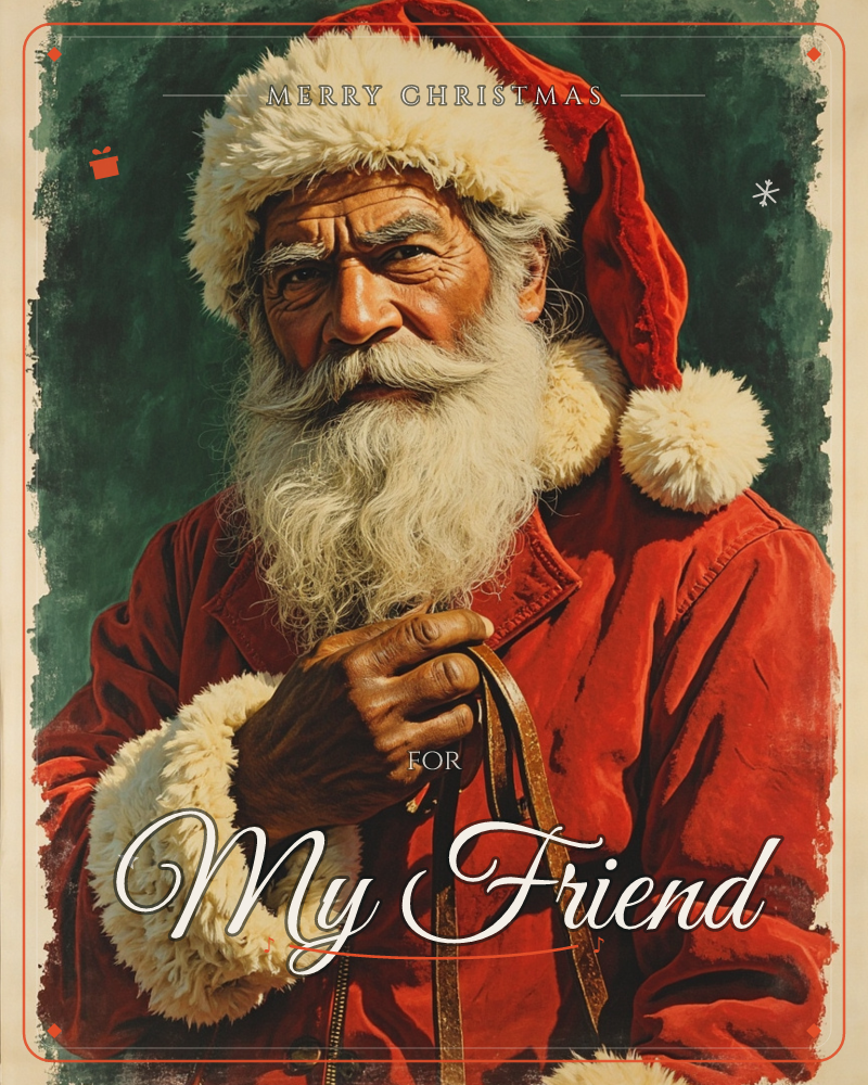 A weathered, kindly Santa Claus fills the frame, his deep-set eyes and creased face lit warmly against a dark forest-green backdrop, a christmas e-card design