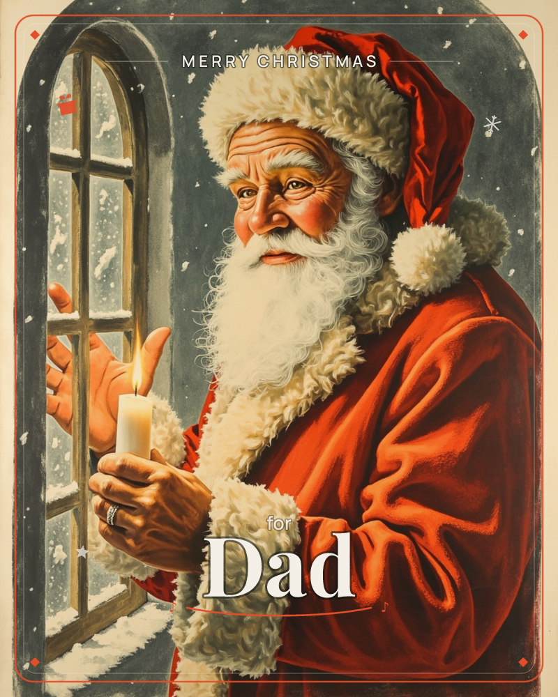 A white-bearded figure in a red fur-trimmed coat and cap stands beside an arched window, cupping a lit candle against the falling snow outside, a christmas e-card design
