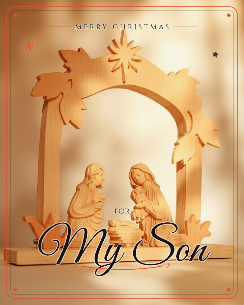 A carved wooden nativity set glows in warm amber light, with palm-leaf shapes and a star arching over two kneeling figures gathered around a small manger, a christmas e-card design