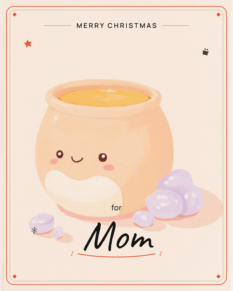 A round, peachy-tan pot with a happy painted face and blushing cheeks sits filled with golden liquid, a soft white drip glazing its belly, a christmas e-card design