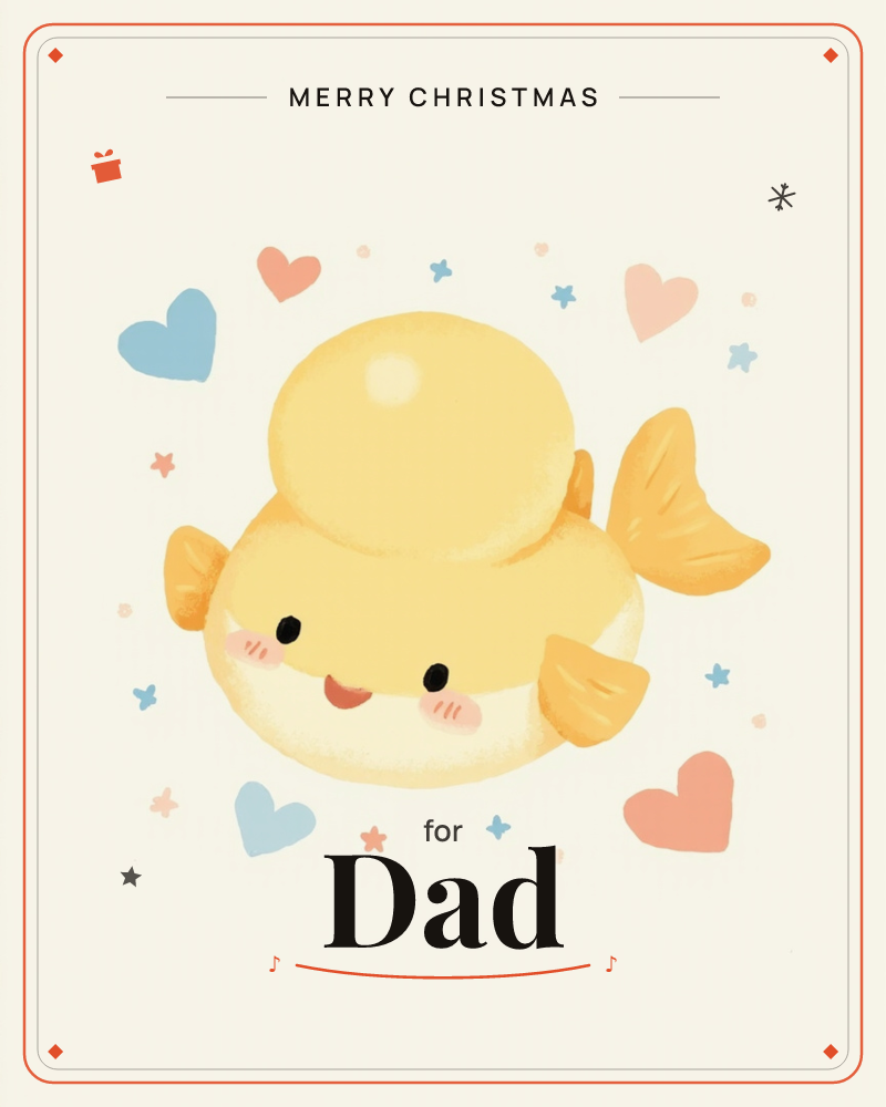 A round, chubby yellow fish with a big glossy head and rosy cheeks smiles out from a cream background, surrounded by floating pink and blue hearts and…, a christmas e-card design