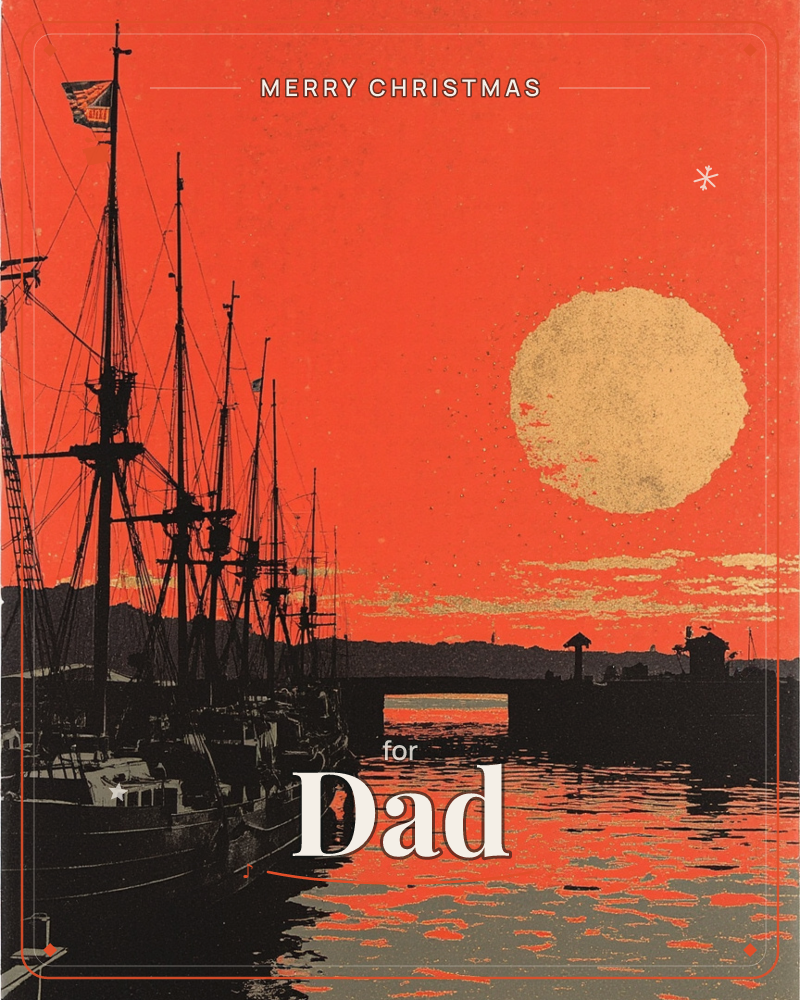 A row of tall-masted ships sits silhouetted in dark harbour water beneath a blazing orange sky, their rigging cutting sharp black lines against the glow, a christmas e-card design