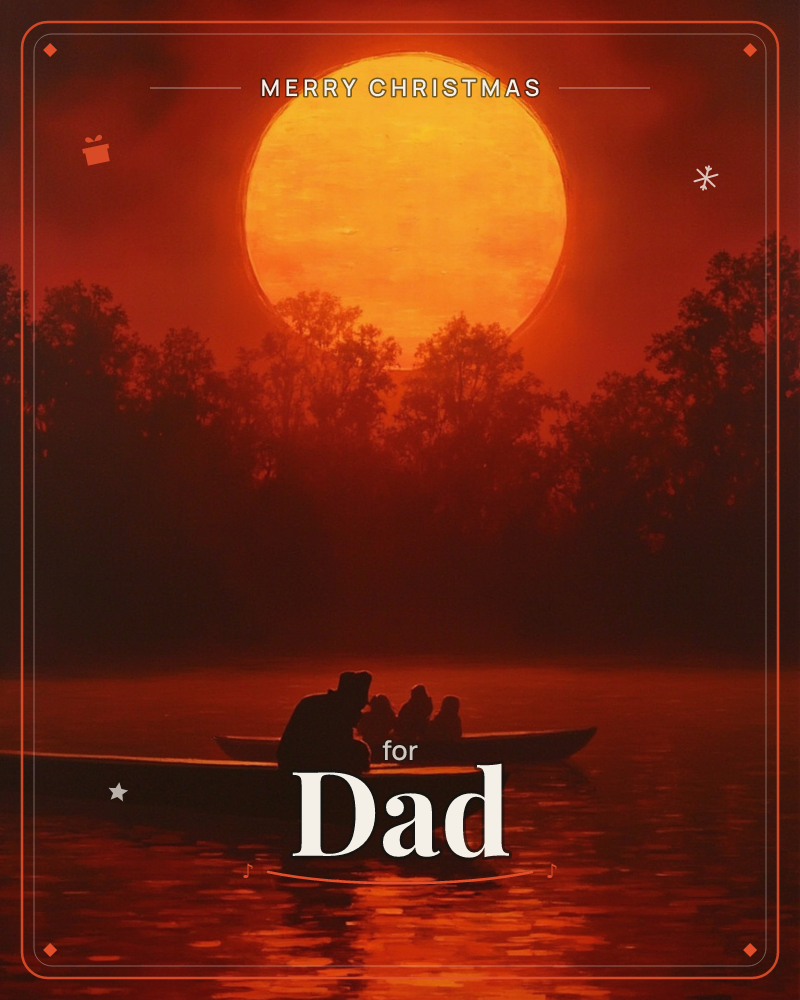 A huge blazing sun hangs low over a treeline, drenching the river in deep red and amber light, a christmas e-card design
