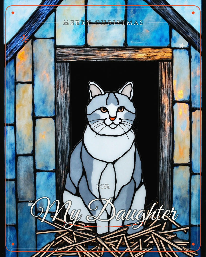 A stained-glass style illustration shows a grey and white cat sitting in the doorway of a rustic barn, framed by wooden beams and a scattering of…, a christmas e-card design