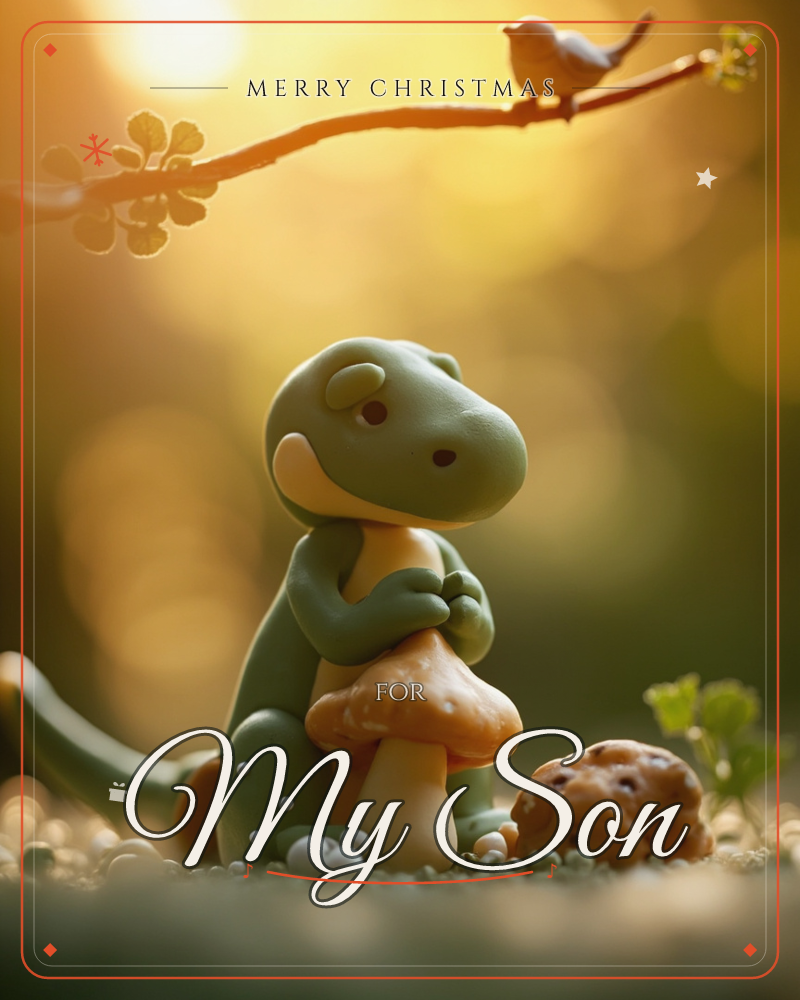 A small clay dinosaur figure sits perched on a mushroom in a mossy clearing, its little arms folded as golden sunlight filters through the trees behind it, a christmas e-card design