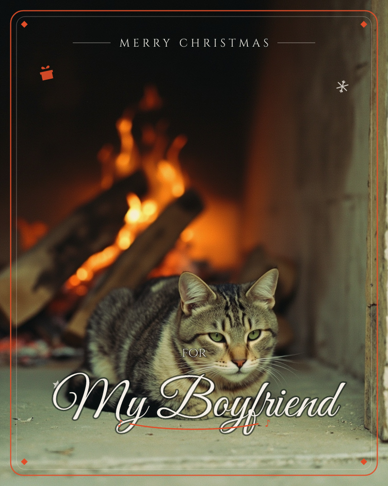 A tabby cat curls up on a stone hearth right beside an open fireplace, its green eyes catching the camera as flames and glowing logs blaze softly out…, a christmas e-card design