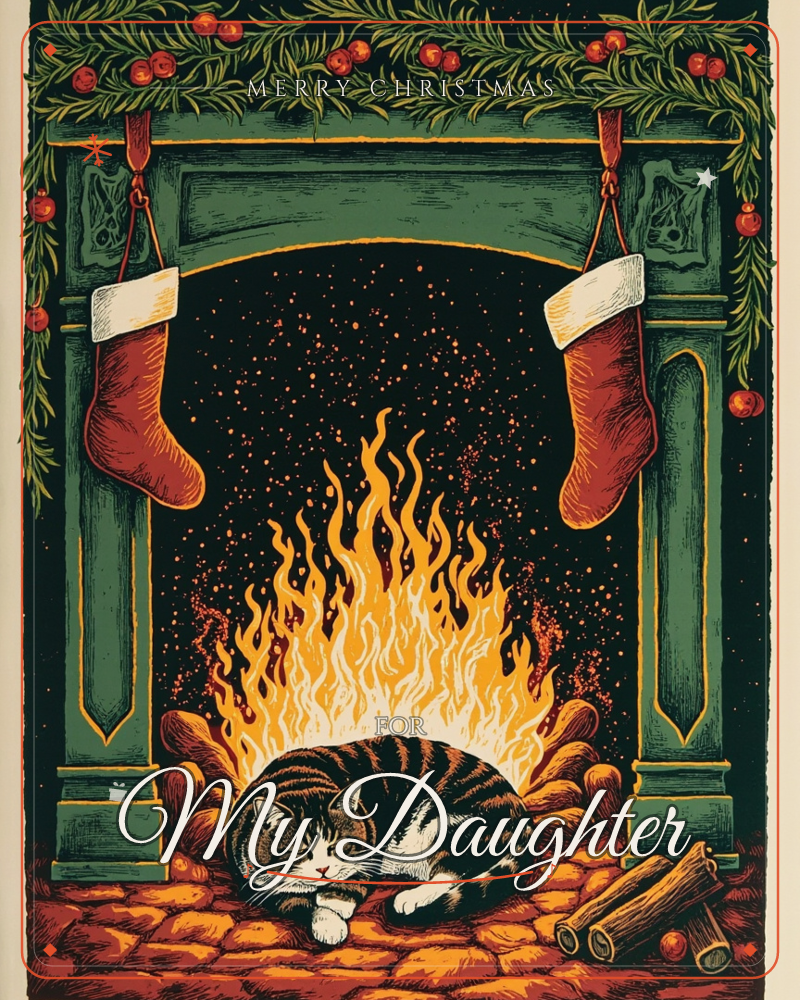 A tabby cat curls up asleep on the warm hearth stones right in front of a roaring fireplace, flames leaping upward against a dark sooty background, a christmas e-card design