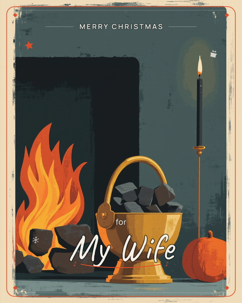 A dark fireplace glows with tall orange flames beside a golden coal bucket brimming with dark lumps of coal, a christmas e-card design