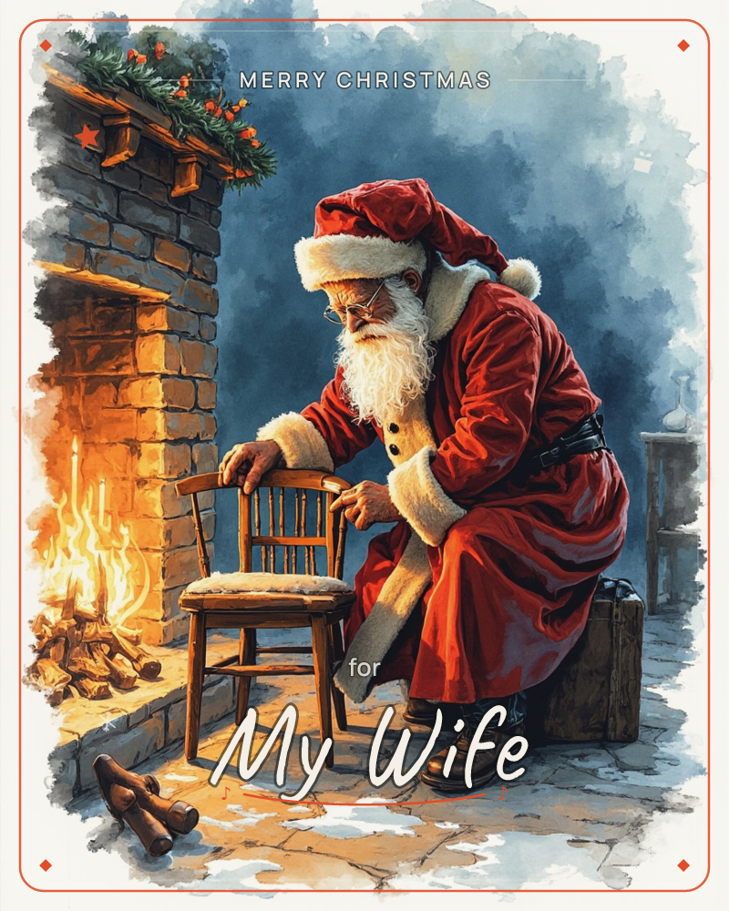 Santa Claus rests one hand on the back of an old wooden chair beside a stone fireplace, its flames throwing warm orange light across the hearth, a christmas e-card design