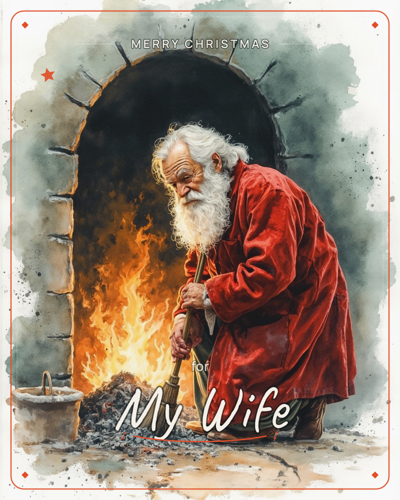 An elderly man with a long white beard and flowing hair stands before a stone hearth, sweeping ash from a smouldering fire with a bundled broom, a christmas e-card design