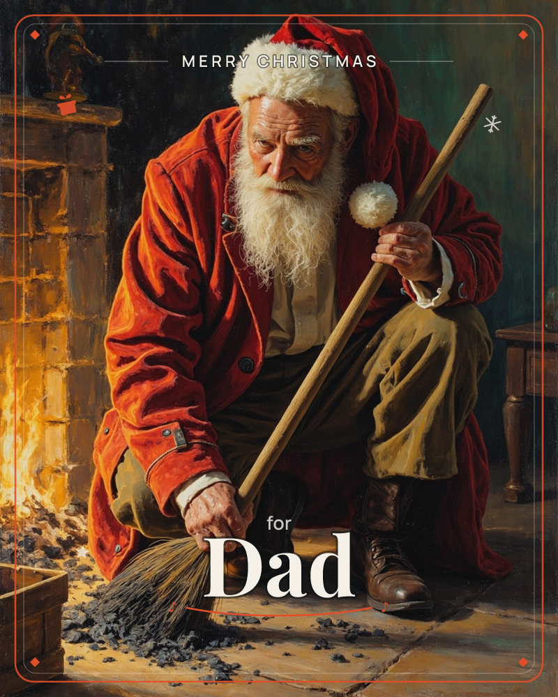 An elderly man in a red coat and hat kneels beside a glowing brick fireplace, sweeping coal and ash from the stone floor with a small hand broom, a christmas e-card design