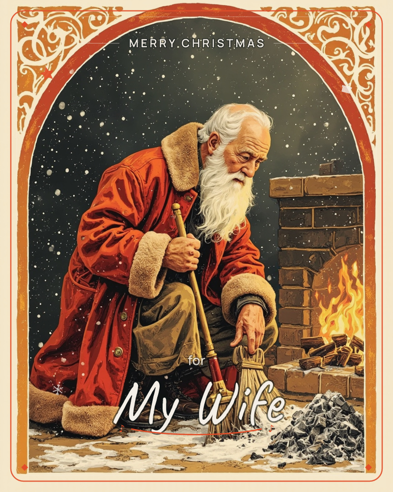 An old man with a long white beard, dressed in a fur-trimmed red coat, kneels beside a glowing brick hearth, sweeping ash and snow with a straw broom, a christmas e-card design