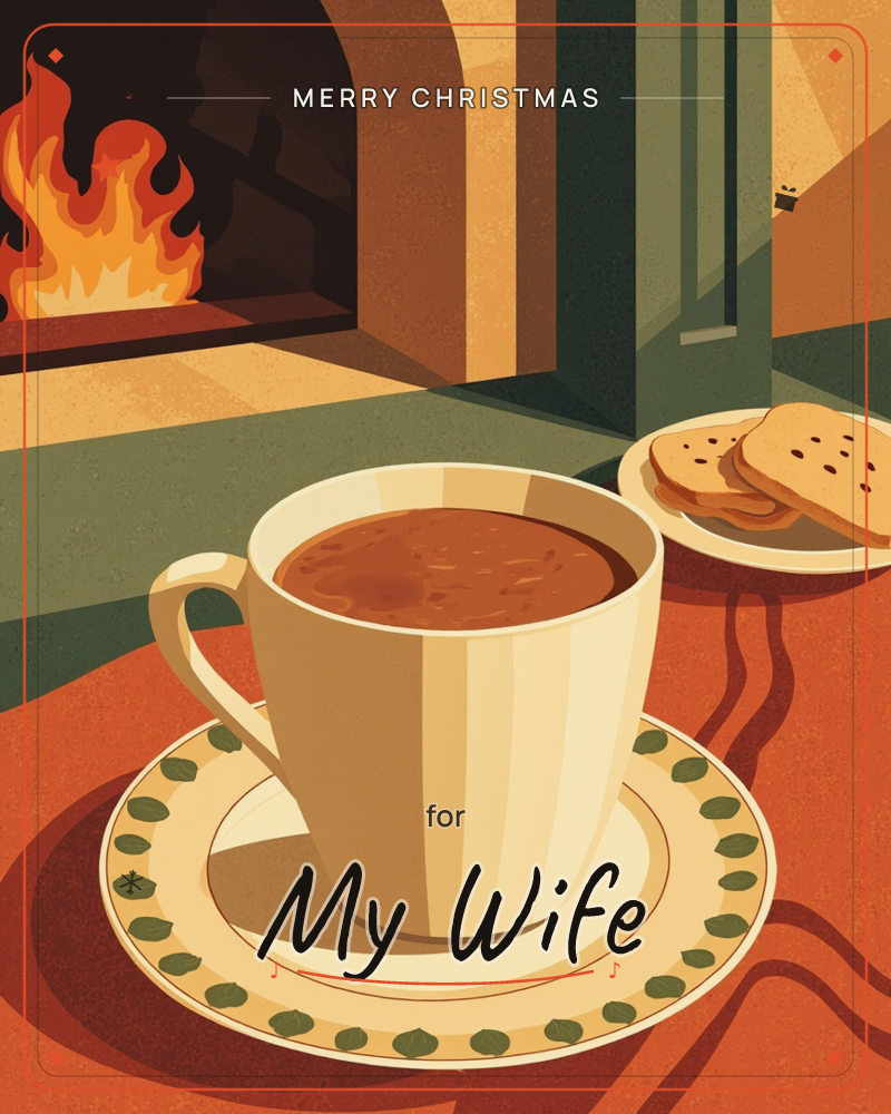 A steaming mug of dark coffee sits on a patterned saucer beside a plate of biscuits, warmed by the glow of an open fireplace behind, a christmas e-card design