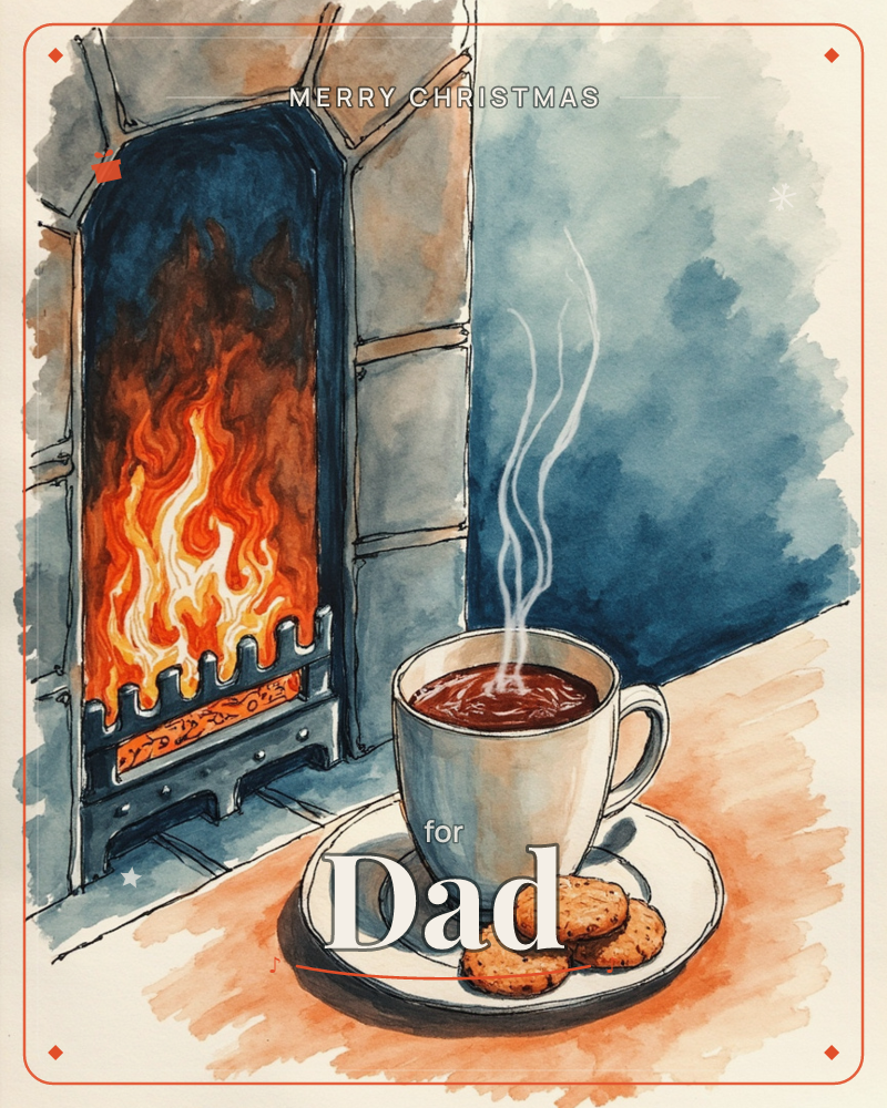 A stone fireplace glows with orange flames beside a steaming mug of dark tea, set on a saucer with three chocolate chip cookies, a christmas e-card design