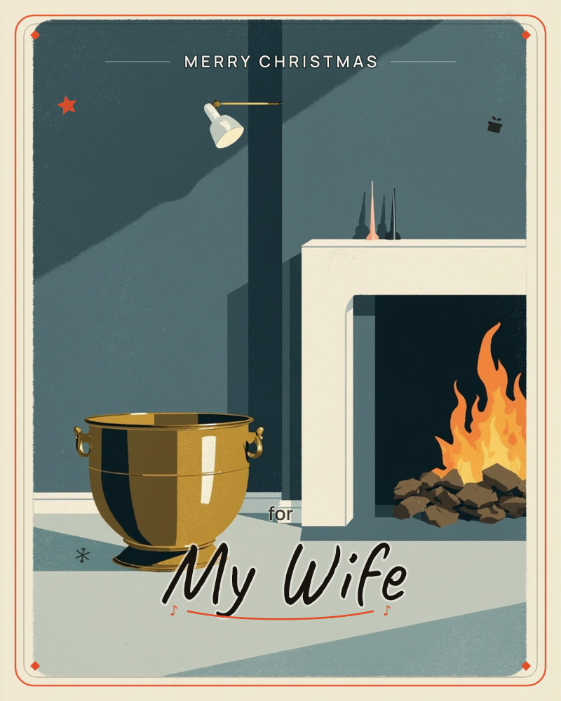 A cosy interior corner shows a white mantel fireplace with orange flames crackling over dark logs, a brass coal bucket gleaming beside it on a pale…, a christmas e-card design
