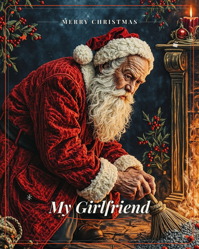 Santa Claus kneels beside a stone hearth, sweeping coal dust from the fireplace with a small hand broom, his red velvet coat and thick white beard…, a christmas e-card design