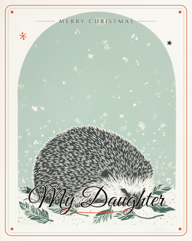 A curled hedgehog rests among scattered leaves beneath a speckled sage-green arch, its spiky black and white body rendered in bold linocut texture, a christmas e-card design