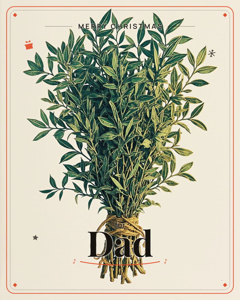 A gathered bundle of leafy green stems, their variegated leaves fanning outward in a full spray, is bound tightly at the base with coarse twine, a christmas e-card design