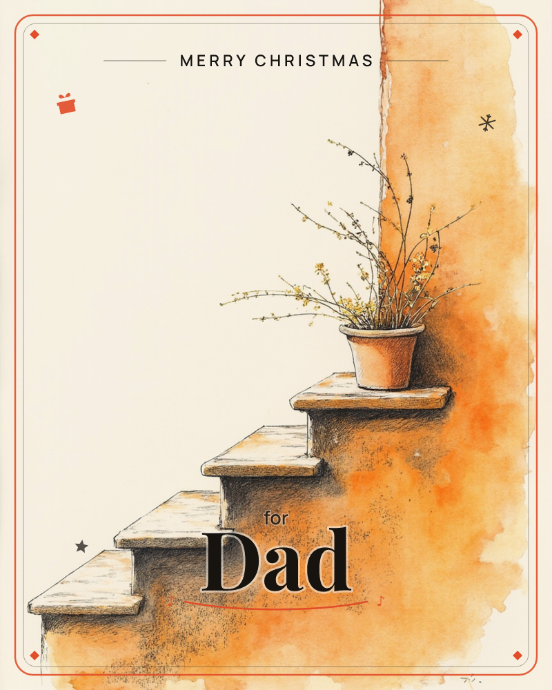 A weathered stone stairway climbs against a sun-warmed terracotta wall, ink-lined steps softened by loose watercolour washes of orange and ochre, a christmas e-card design
