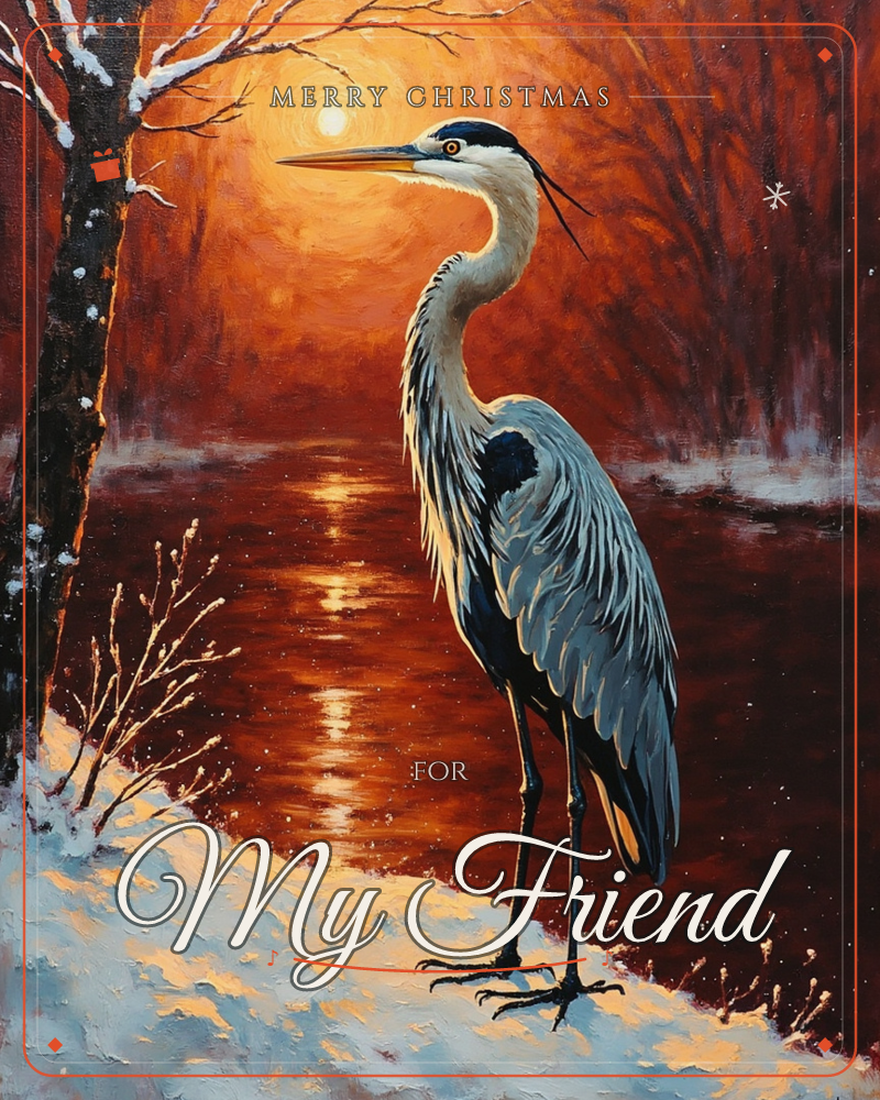 A great blue heron stands tall on a snowy riverbank, its neck curved and beak pointed toward a glowing amber sun sinking behind bare winter trees, a christmas e-card design