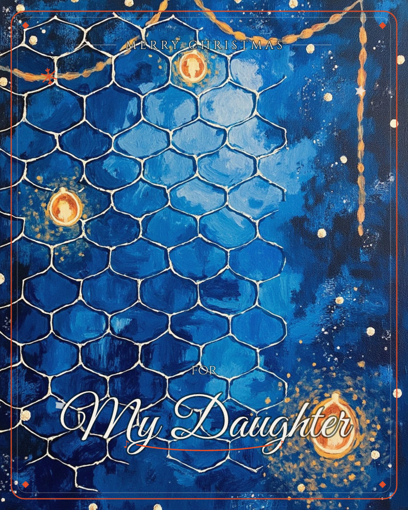 A deep blue painted surface is overlaid with a white chicken-wire pattern, its hexagons glowing faintly where strands of golden fairy lights are…, a christmas e-card design