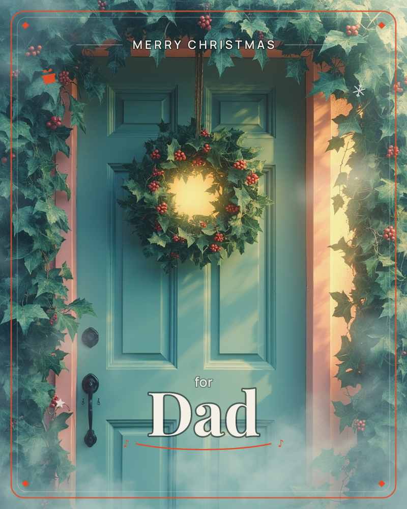 A pale teal front door glows with a soft golden light behind a holly wreath dotted with red berries, framed by a coral-pink doorway edge, a christmas e-card design