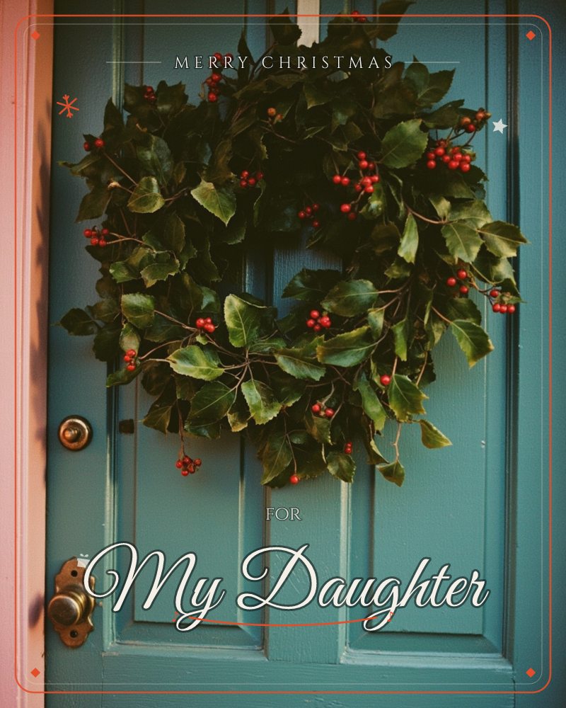 A holly wreath hangs on a teal front door, its dark glossy leaves studded with clusters of red berries, a christmas e-card design