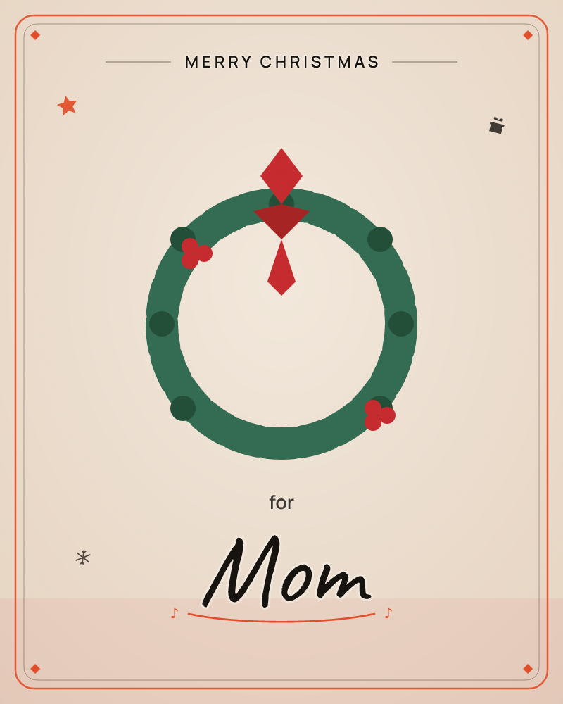 A simple circular wreath in flat green sits against a warm, softly vignetted cream background, its ring dotted with dark green ornaments and small…, a christmas e-card design by @DittyCityTeam