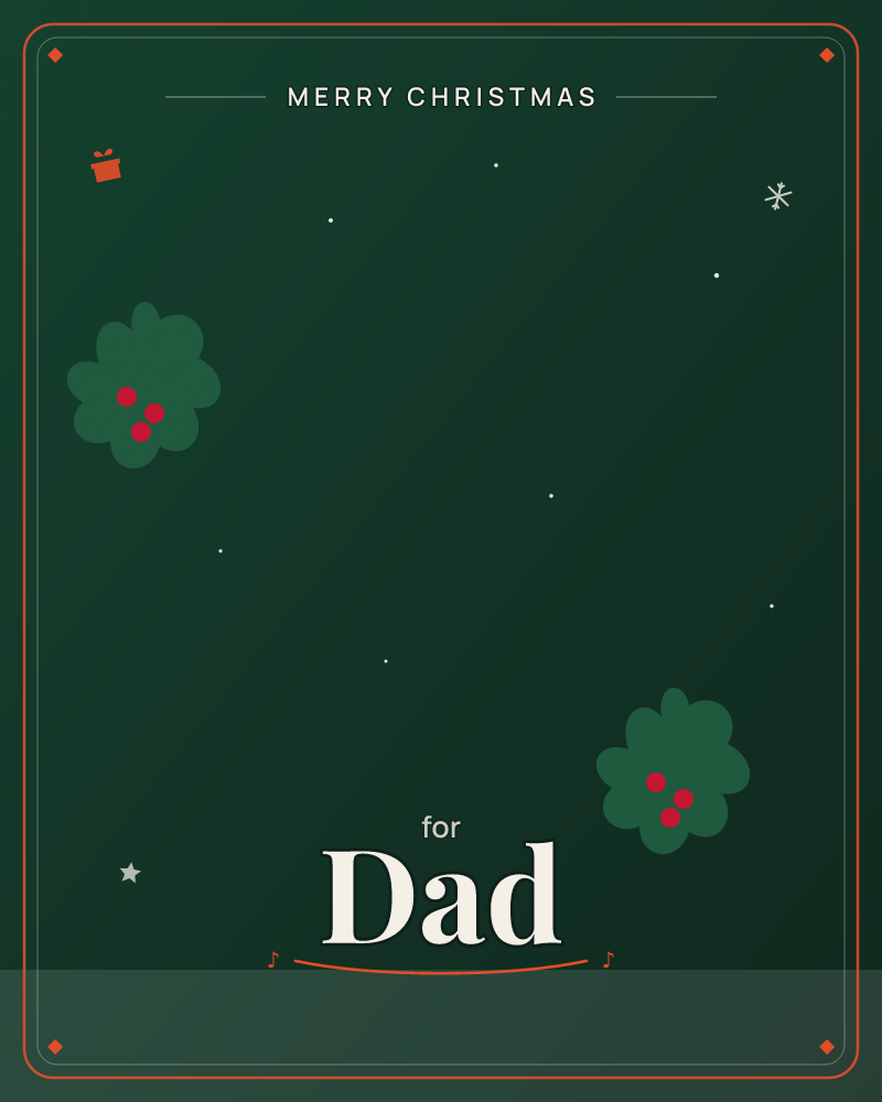 Holly clusters glow red on deep emerald green, snowflakes drifting through a quiet winter night, a christmas e-card design by @DittyCityTeam