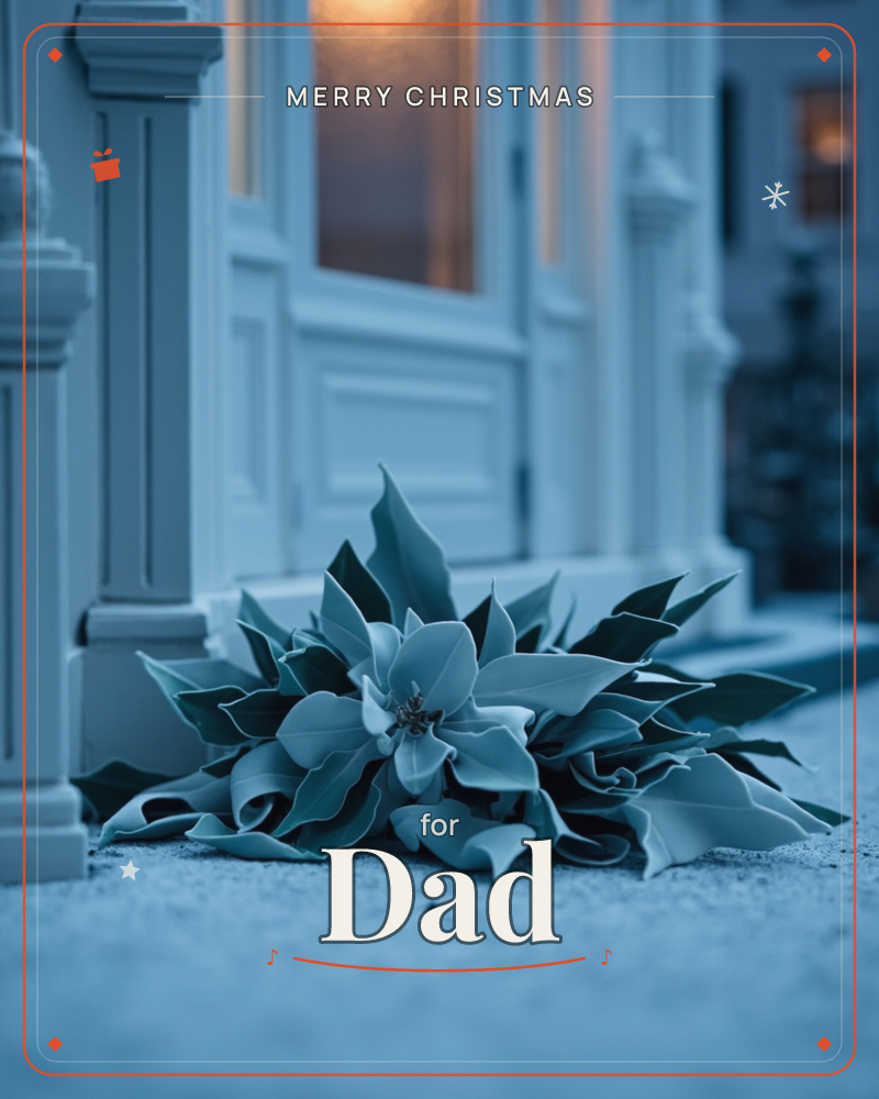 A frosted poinsettia plant rests on a stone step beside a white-columned doorway, its leaves cast in cool blue twilight, a christmas e-card design