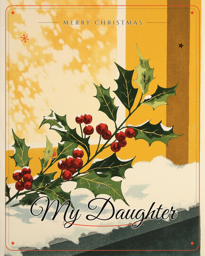 A snow-dusted holly branch rests along a windowsill, its dark green leaves and clustered red berries catching light against a bold mustard-yellow…, a christmas e-card design