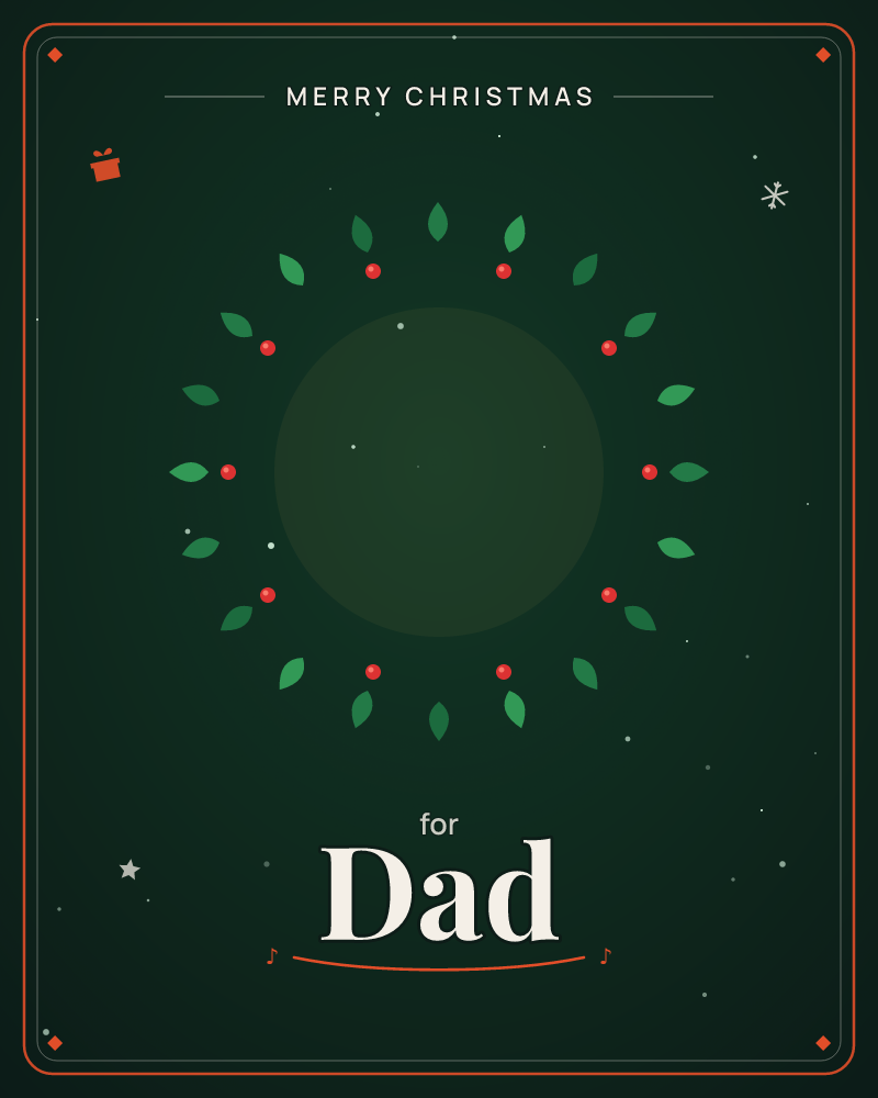 A circular wreath of stylised green leaves and small red berries glows softly against a deep, dark green backdrop dotted with faint starlike specks, a christmas e-card design by @DittyCityTeam