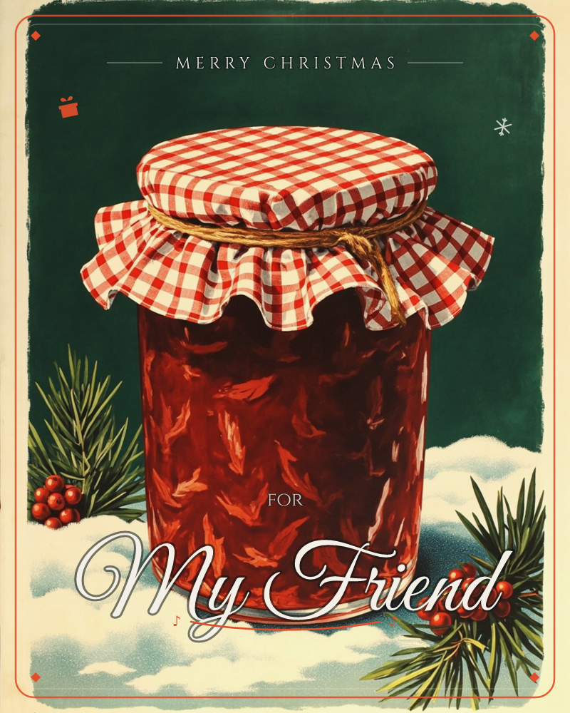 A glass jar of deep red preserves sits nestled in snow, its lid topped with a red-and-white gingham cloth tied on with twine, a christmas e-card design