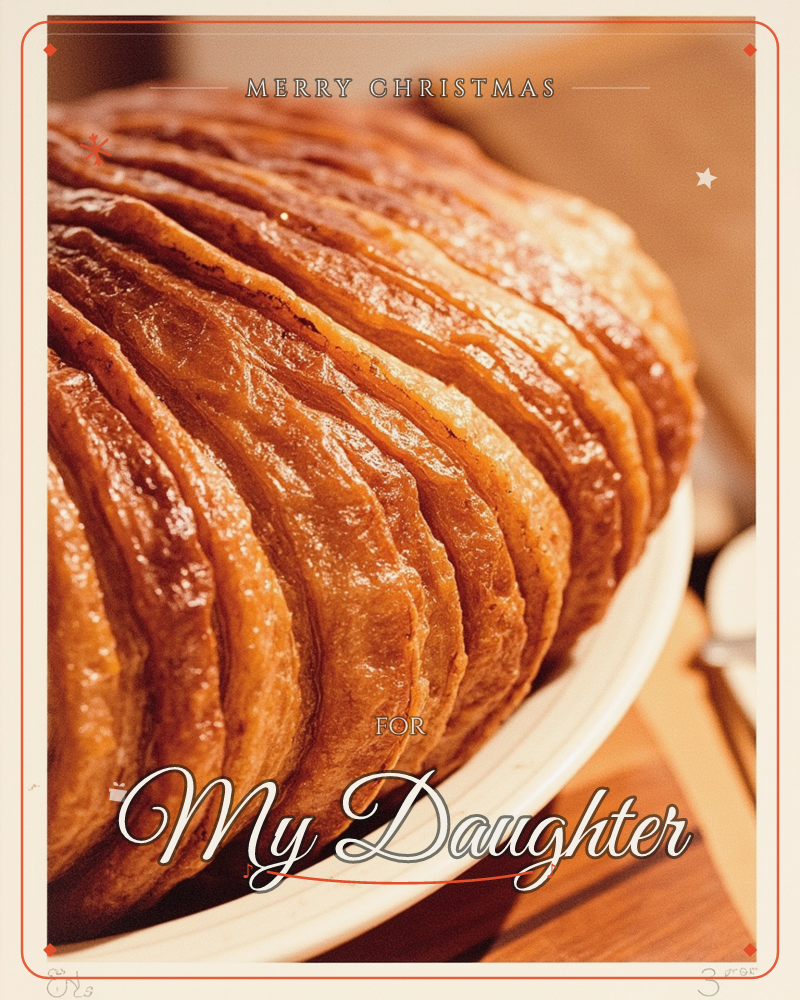 A close-up photograph of a golden, flaky pastry with deep ridged layers, glazed to a glossy shine and sitting on a white plate atop a wooden table, a christmas e-card design