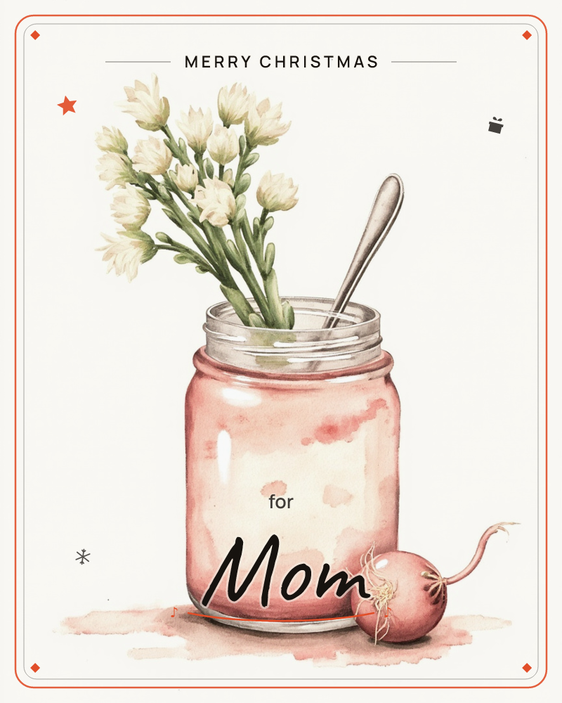 A pink-tinted glass jar holds a spray of small white clustered flowers and a lone spoon, with a little bulb or radish resting beside it on the table, a christmas e-card design