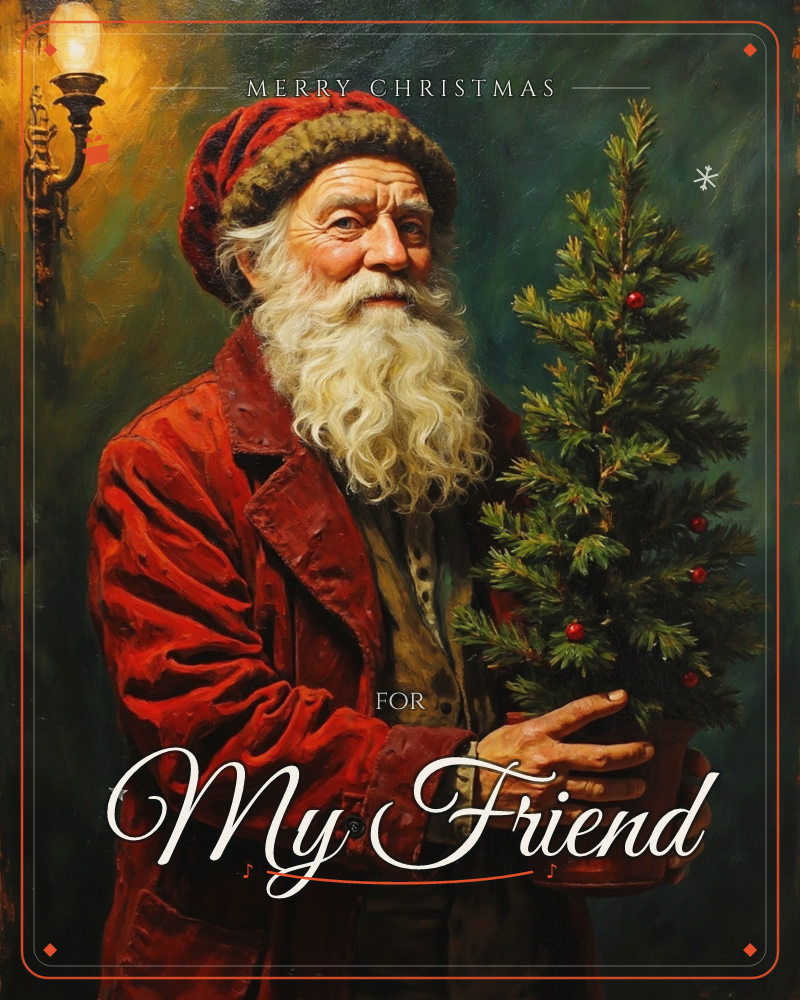 An oil-painted portrait of an old man with a long white beard, dressed in a weathered red coat and fur-trimmed cap, cradling a small potted fir tree…, a christmas e-card design