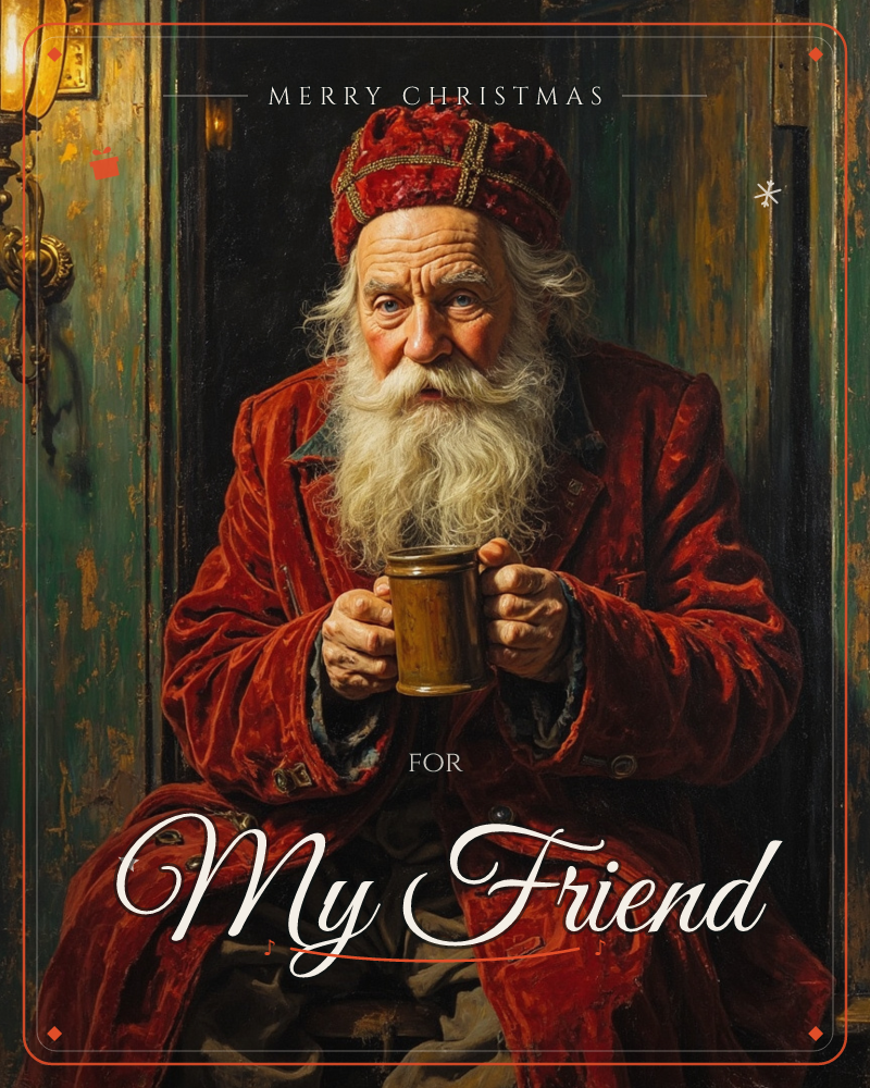 An old man with a long white beard sits by a weathered green doorway, dressed in a heavy red velvet coat and matching cap, cradling a wooden mug in…, a christmas e-card design