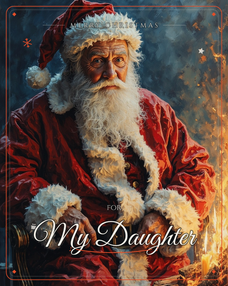 A weathered, kindly-eyed Santa sits in a chair near a glowing fire, his red velvet coat and cap trimmed with thick white fur catching the warm…, a christmas e-card design
