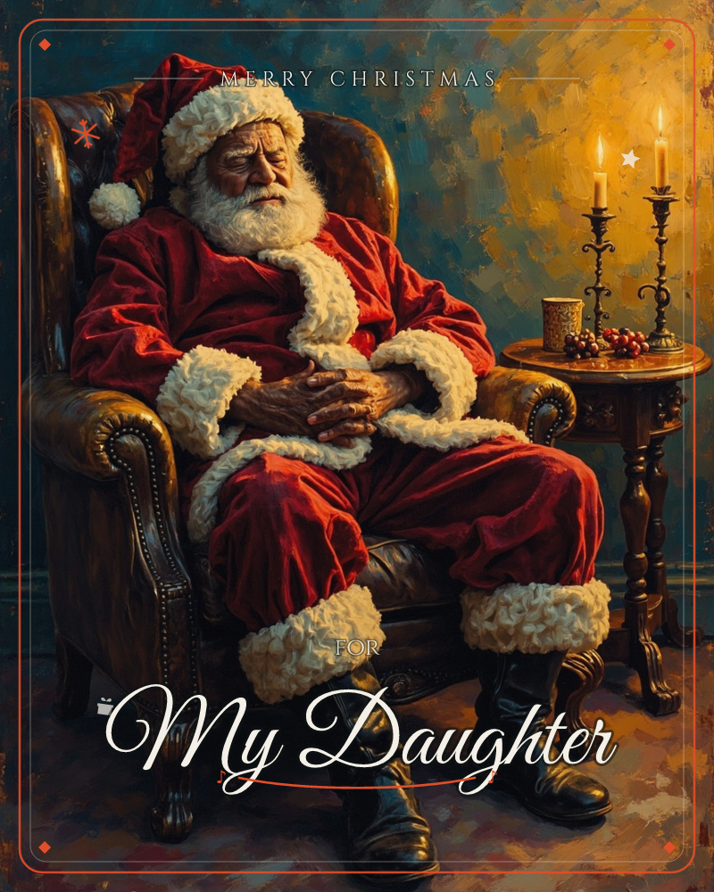 Santa naps deeply in a worn leather wingback chair, hands folded over his red velvet suit, boots still on, a christmas e-card design