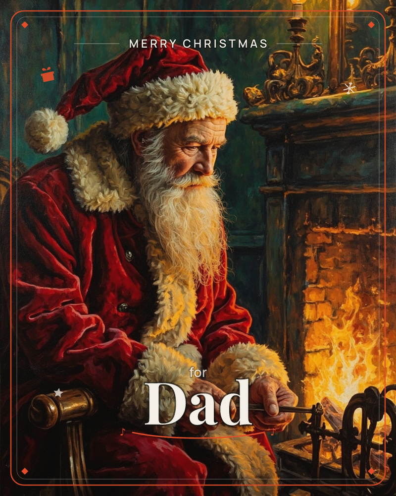 An elderly man in a red velvet Santa coat and fur-trimmed hat sits by a crackling fireplace, gently tending the flames with a poker, a christmas e-card design