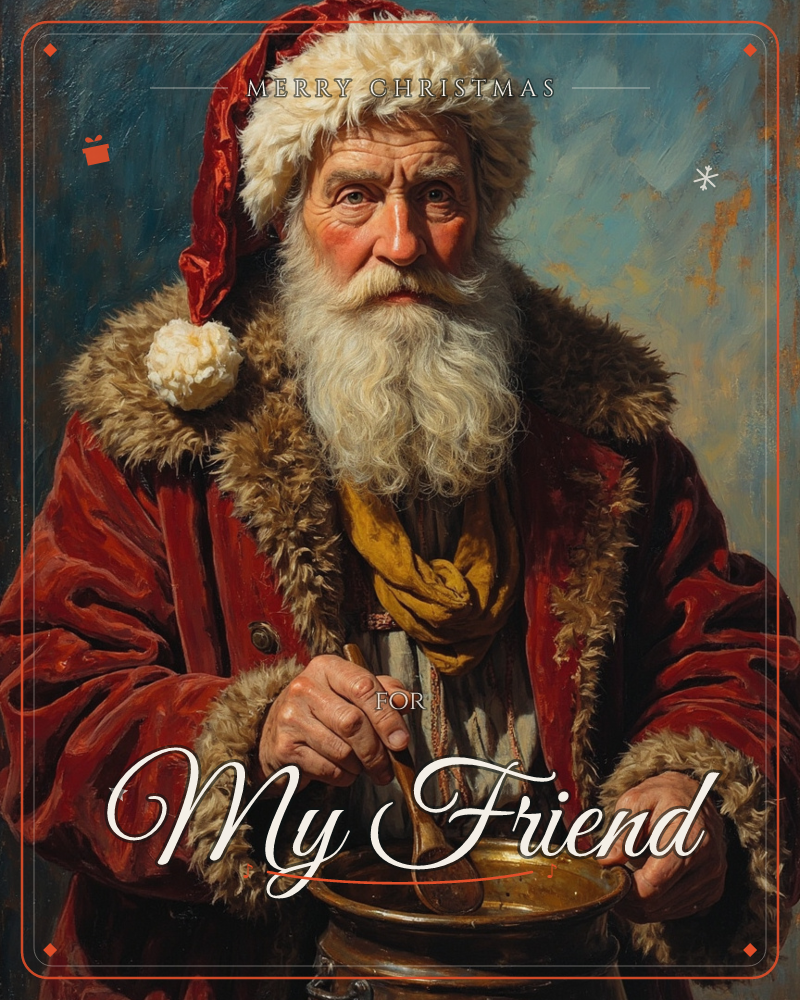 A weathered old man in a red fur-trimmed coat and cap stirs a copper pot with a wooden spoon, his white beard and rosy cheeks lit against a dark…, a christmas e-card design