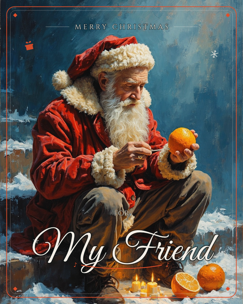 Santa sits hunched on a stone step in the snow, carefully peeling an orange with a small knife while a few lit candles flicker at his feet, a christmas e-card design