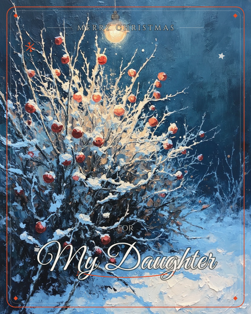 A bare, snow-dusted bush stands against deep blue winter dusk, its branches strung with round red baubles and lit from above by a single hanging lamp, a christmas e-card design