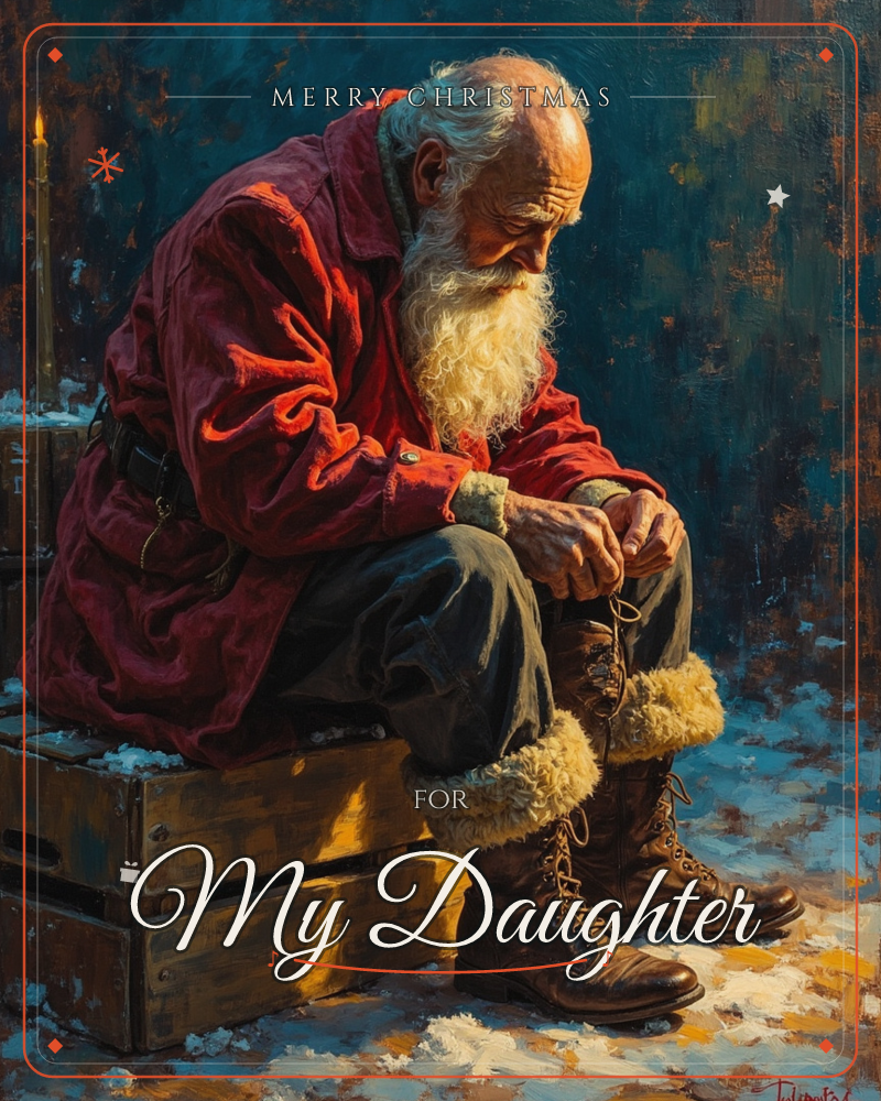 An old bearded man in a weathered red coat sits on a wooden crate, quietly lacing up his fur-trimmed boots by candlelight, snow scattered on the ground…, a christmas e-card design